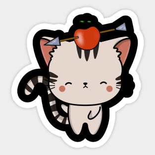 Funny Tabby cat is playing william tell with an apple and arrow Sticker